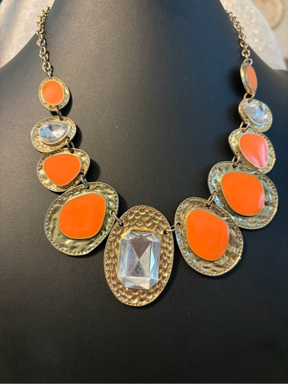 Erica Lyons Gold-Tone Orange Statement Necklace with Clear Gem Accents